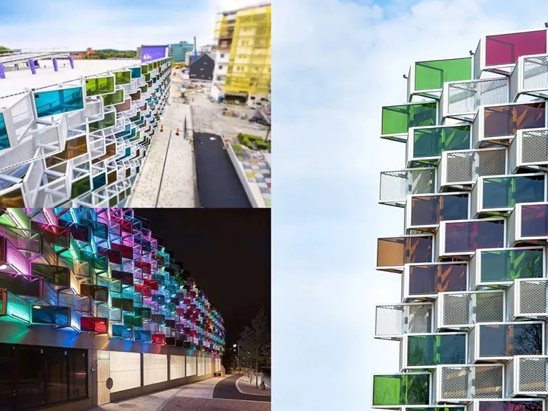 1 - cadmium telluride solar glass façade in a newly built garage 1 - Façade en verre solaire au tellurure de cadmium dans un garage nouvellement construit