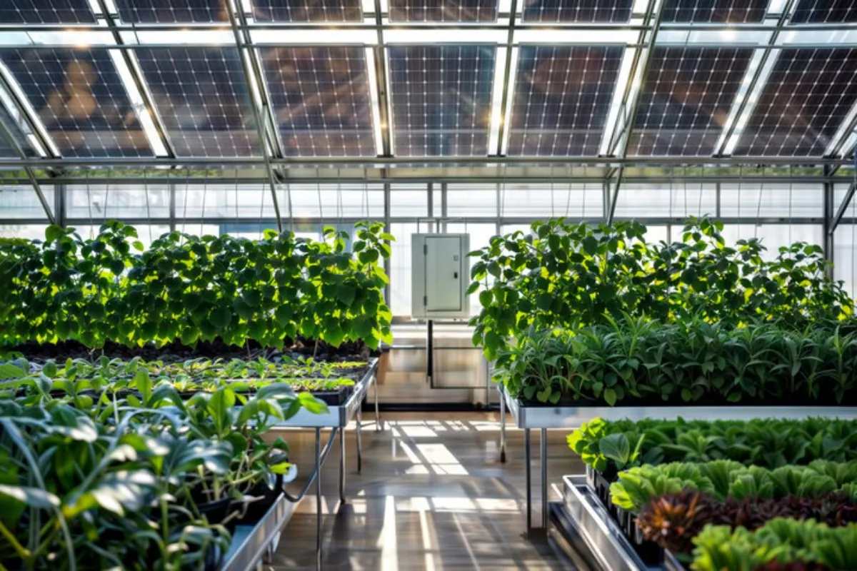 modern greenhouse with semi-transparent solar panels modern üvegház félig átlátszó napelemekkel